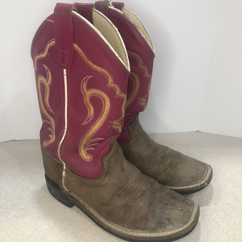 Old‎ West Girls Cowgirl Brown Stitched Leather Boots Western Size 8.5 Pink 2014